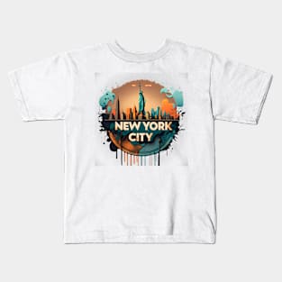 new york city liberty sunset retro Kids T-Shirt